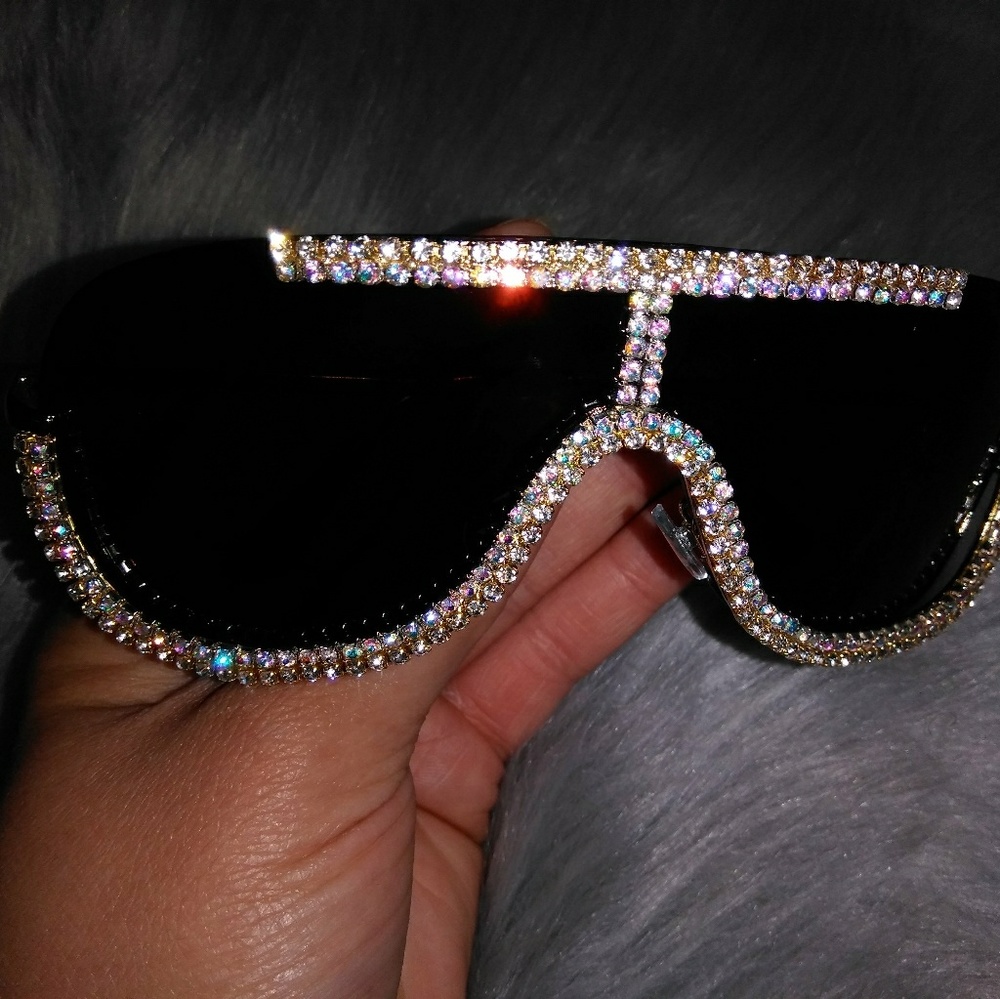 Rhinestone shield semi rimless sunglasses